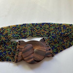 Vintage Beaded Black Belt OS Wide Stretch Stretchy Belt multicolor